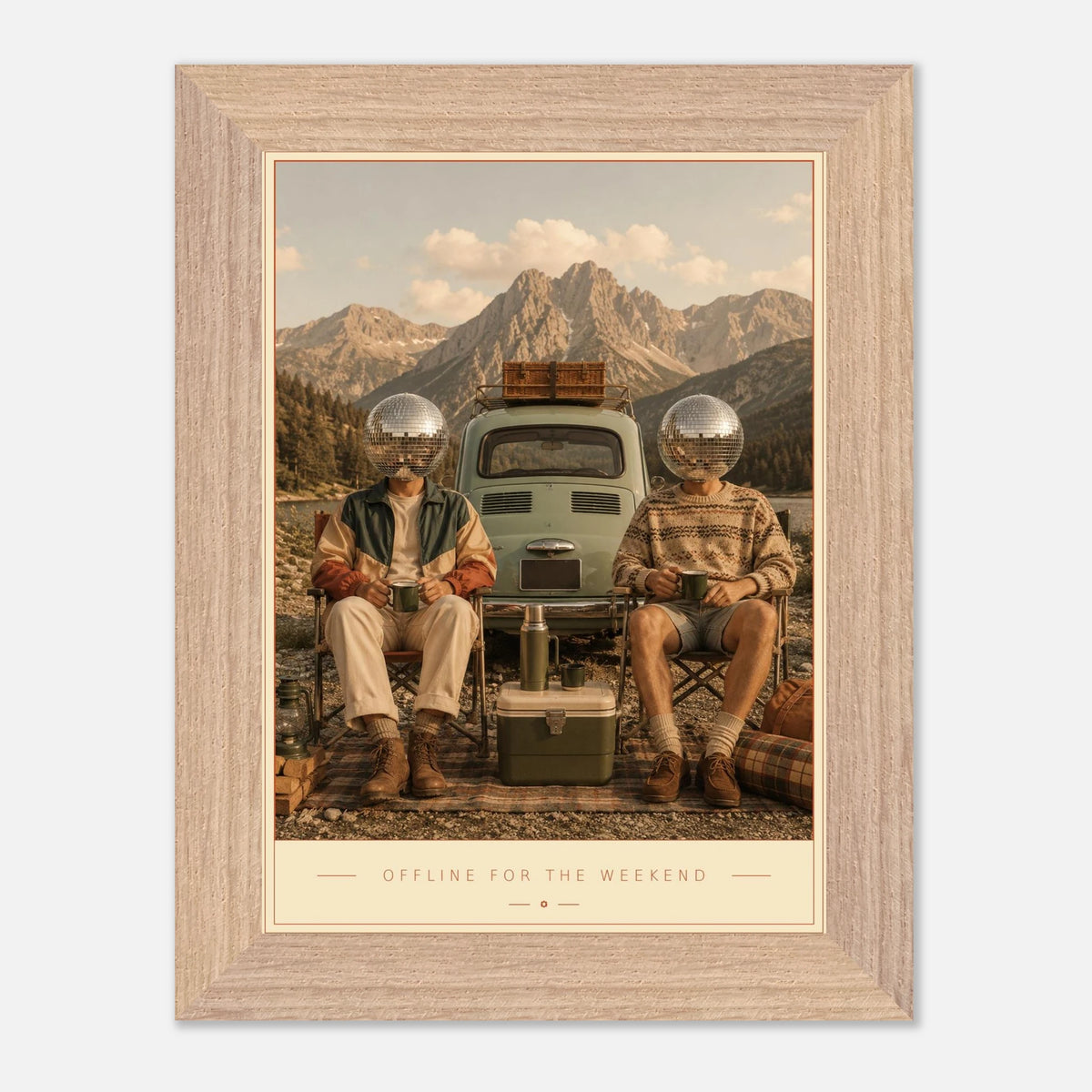 Offline For The Weekend — disco heads and a vintage wagon by the mountains, retro art print by WallDrip