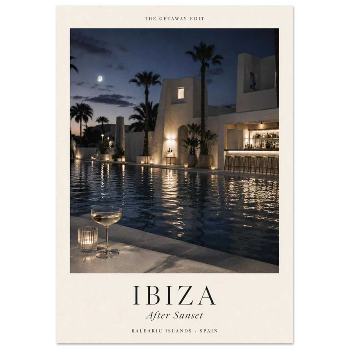 Ibiza, After Sunset — moonlit pool and palms, calm travel art print by WallDrip