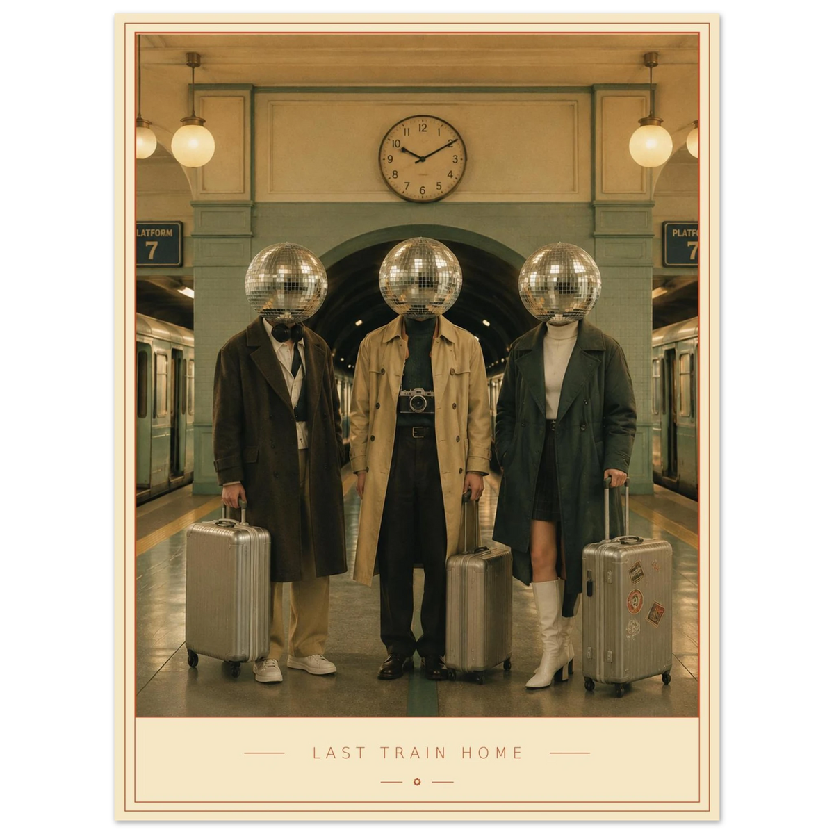 Last Train Home — mirrorball travellers on a lamp-lit platform, retro disco art print by WallDrip