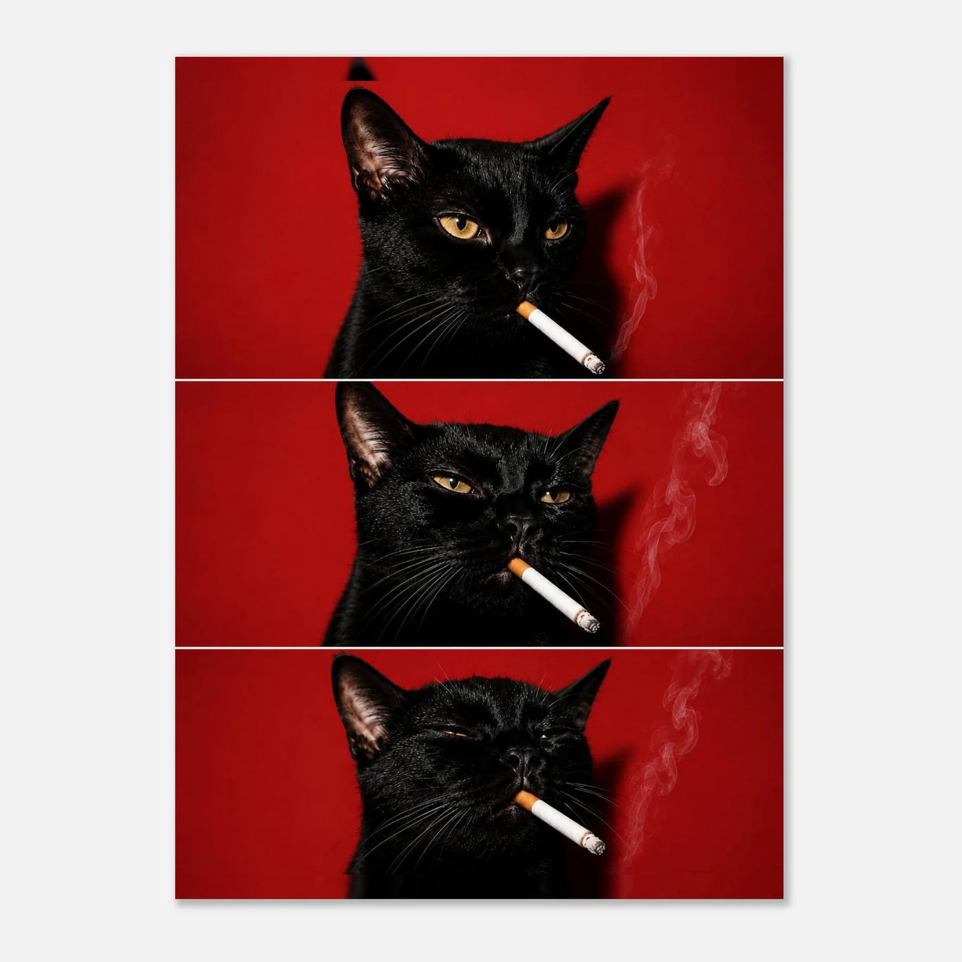 Nine Lives Later — quirky black cat art print on a red background, WallDrip wall art poster