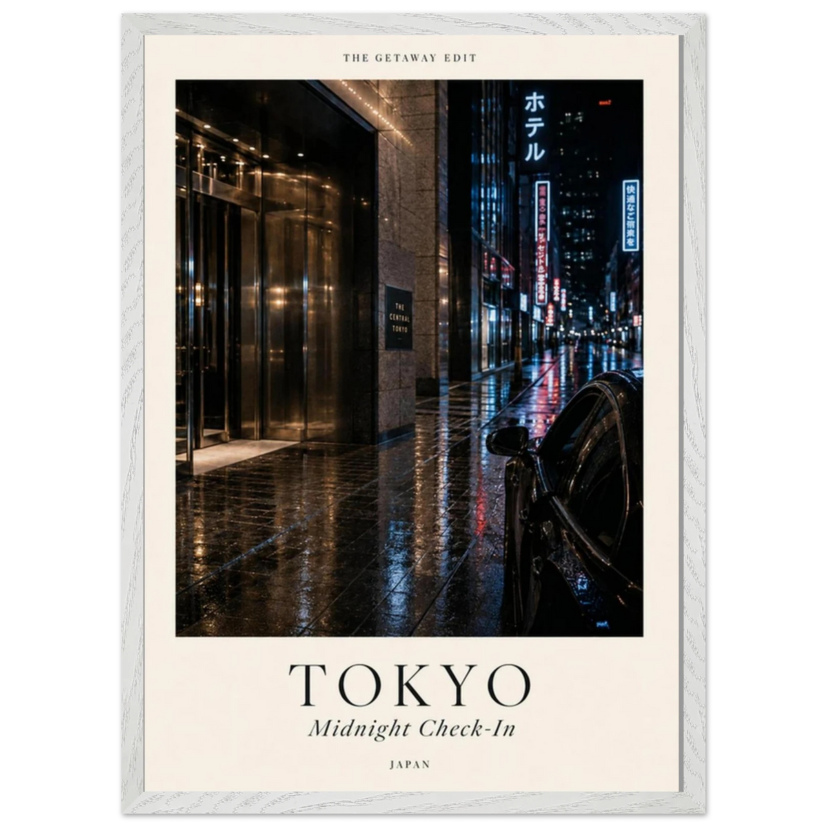 Tokyo, Midnight Check-In — neon rain-soaked street travel art print, moody WallDrip poster