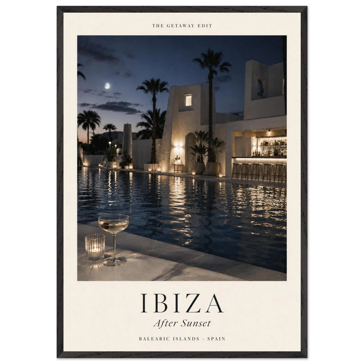 Ibiza, After Sunset — moonlit pool and palms, calm travel art print by WallDrip