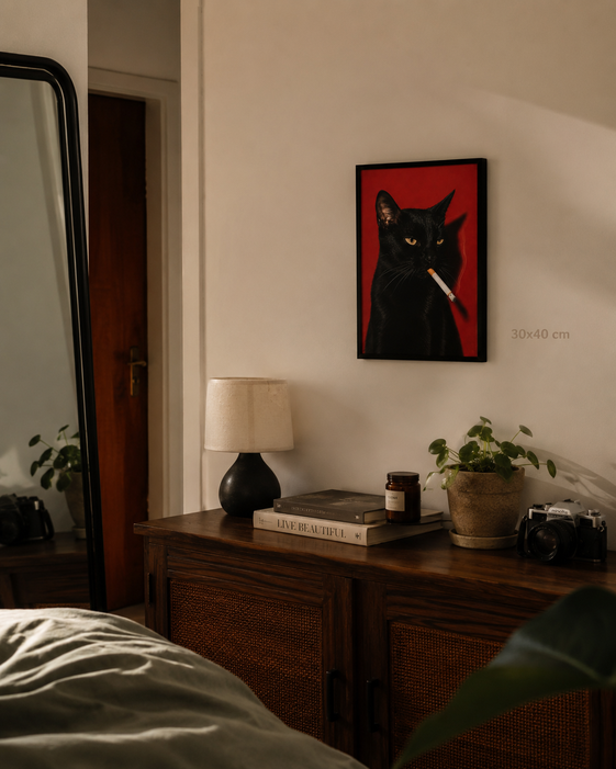 A framed art print of a black cat on a red background, hanging on a beige wall in a cozy bedroom setting with a wooden dresser, lamp, and plants.