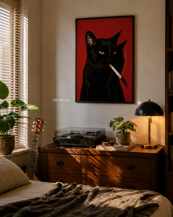 A framed wall art print showing a black cat with a cigarette against a red background, displayed above a wooden nightstand in a warmly lit bedroom. The scene includes a bed, lamp, plants, and a record player.
