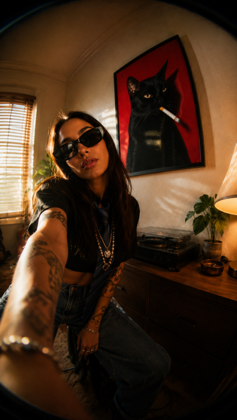 A woman wearing black sunglasses and a black crop top takes a mirror selfie in a dimly lit room, with a red framed painting of a black cat hanging on the wall behind her.