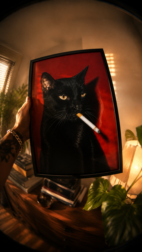 Bad Influence — black cat with a crimson-lit stare, dark aesthetic WallDrip cat art print