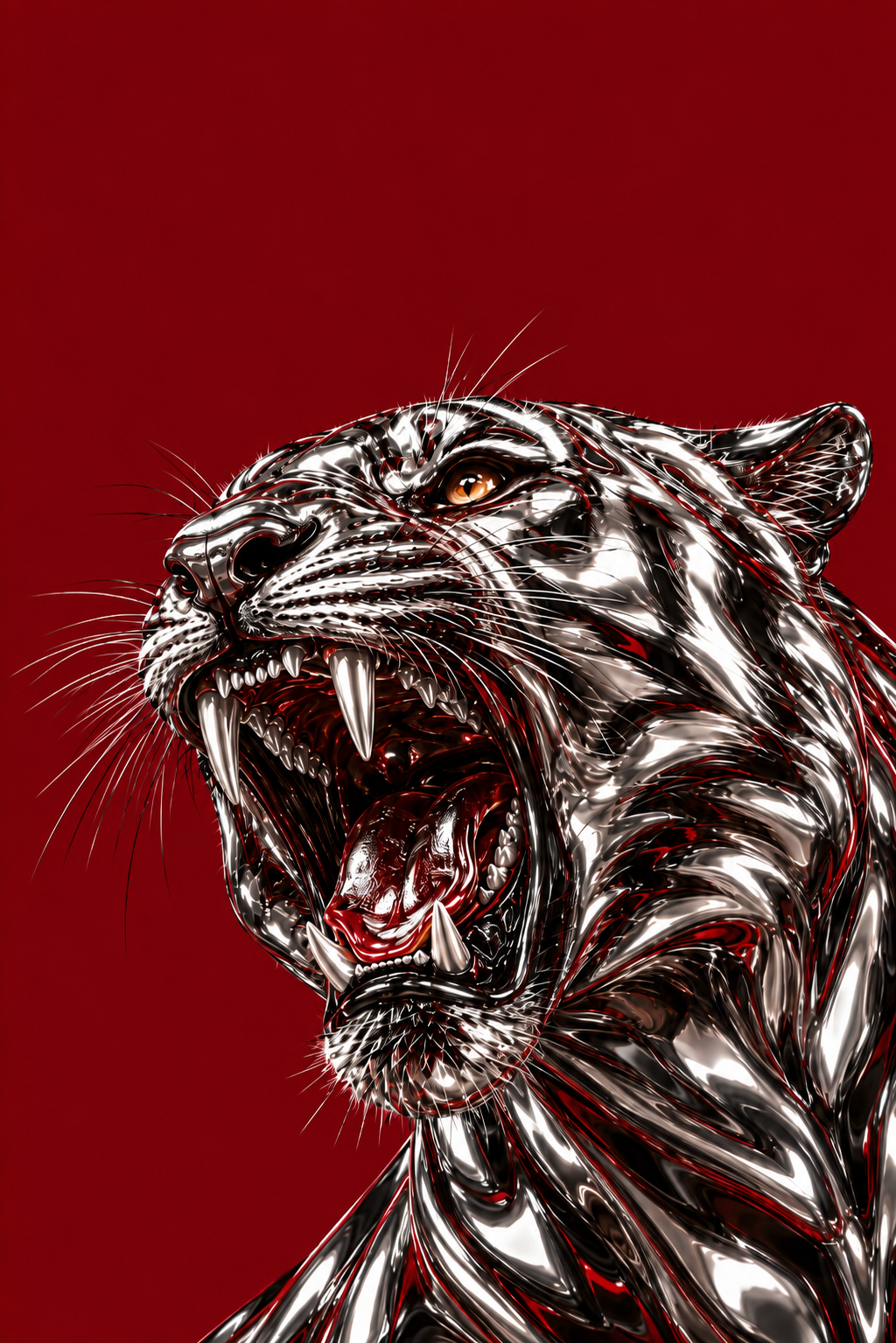 Burning Bright — chrome tiger poster on burgundy by WallDrip