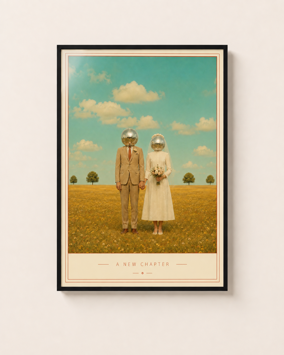 A New Chapter — retro mirrorball wedding couple in a golden field, disco art print by WallDrip