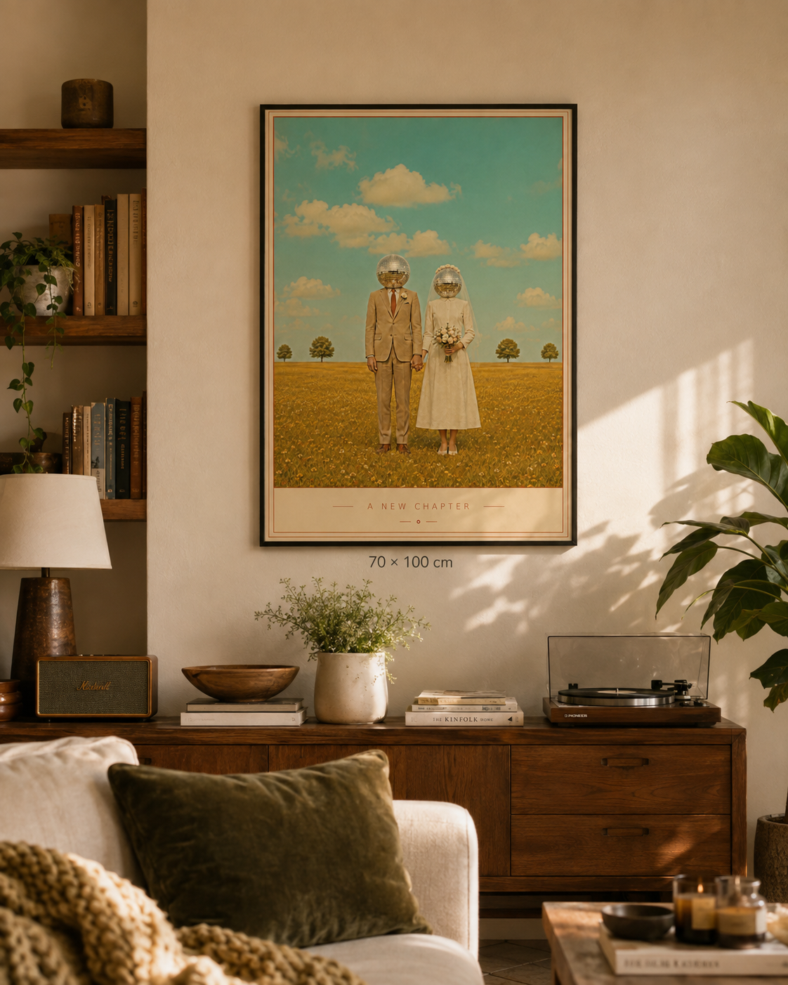 A New Chapter — retro mirrorball wedding couple in a golden field, disco art print by WallDrip
