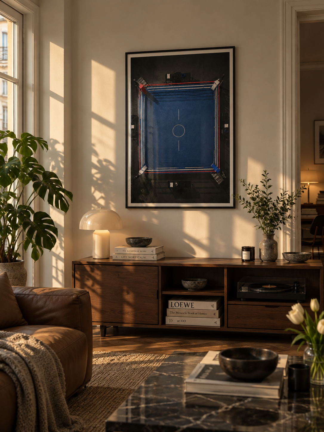 A framed art print of a blue pool table hanging on a beige wall in a sunlit living room with a brown leather sofa, wooden console, and plants.