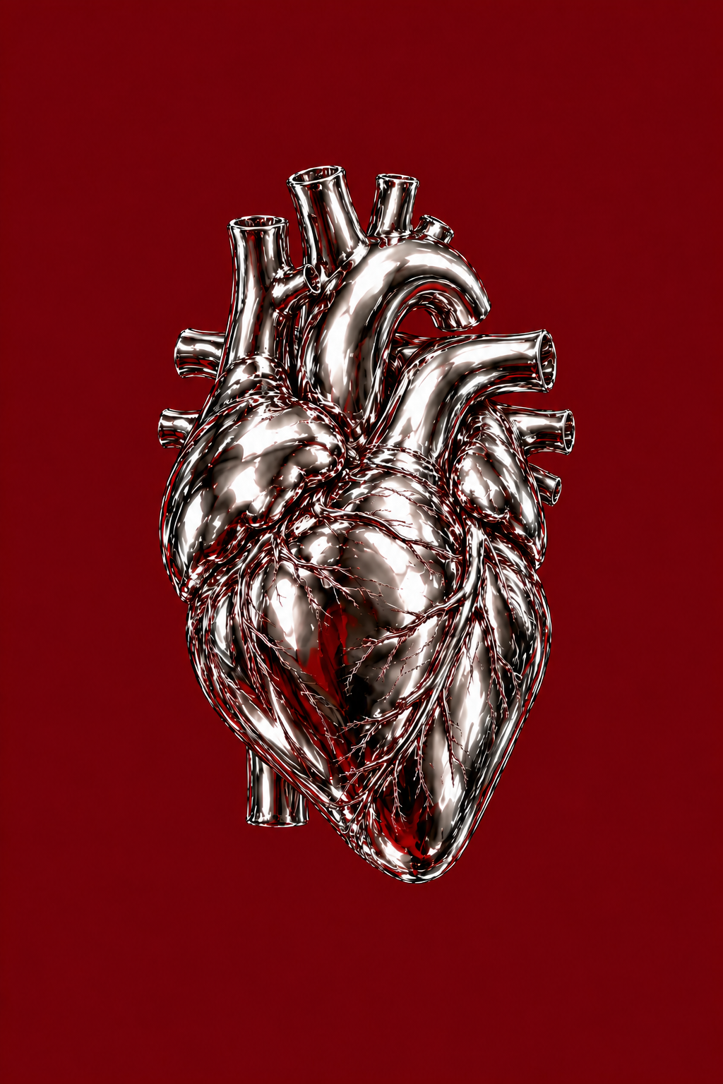 Heart of Steel — chrome anatomical heart poster on burgundy by WallDrip