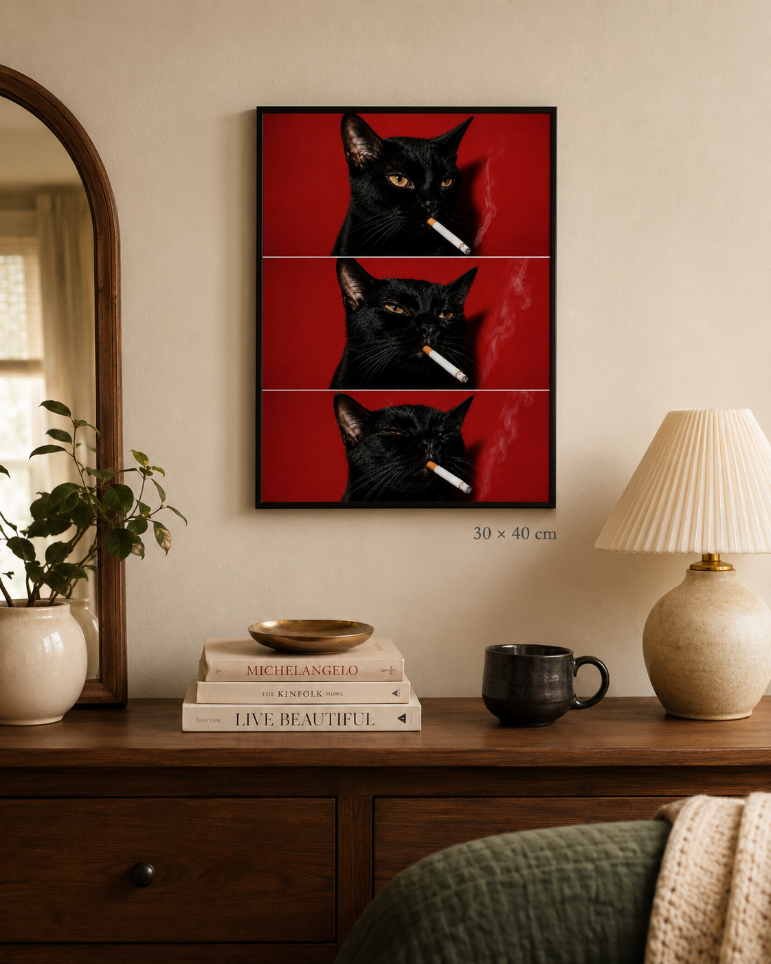 Nine Lives Later — quirky black cat art print on a red background, WallDrip wall art poster