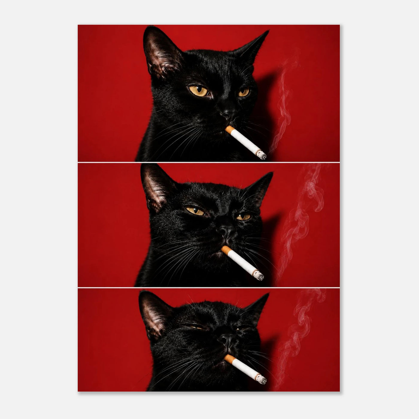Nine Lives Later — black cat with a cigarette on bold red, quirky cat art print by WallDrip