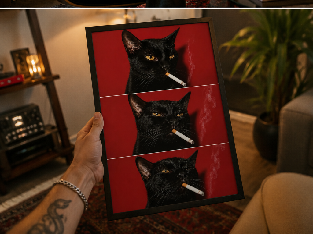 Nine Lives Later — quirky black cat art print on a red background, WallDrip wall art poster