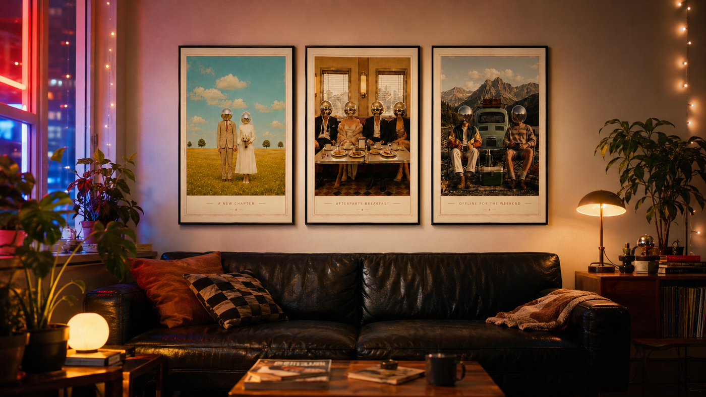 Three framed vertical art prints with vintage travel illustrations are displayed on a beige wall above a black leather sofa in a cozy, warmly lit living room.
