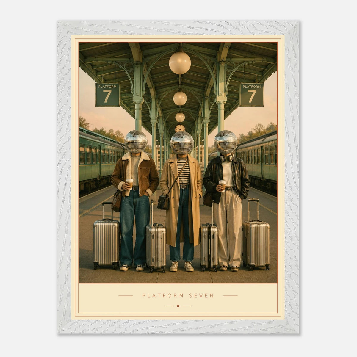 Platform Seven — mirrorball commuters in morning light, retro disco art print by WallDrip
