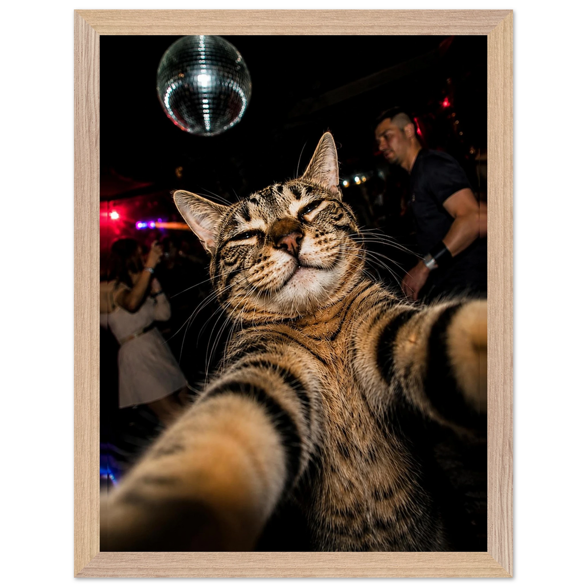 Party Animal — playful cat selfie art print with a disco ball, WallDrip wall art poster