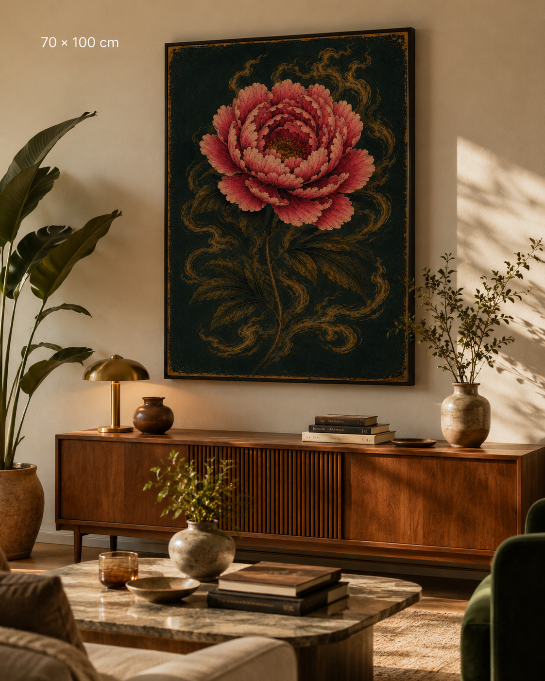 Feral Bloom — crimson peony on a dark ground, bold floral art print by WallDrip