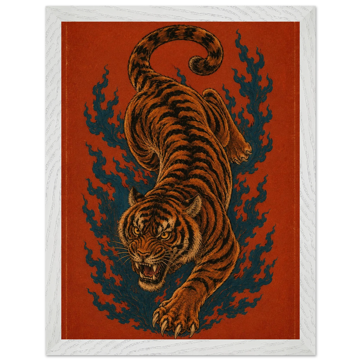 Burning Instinct — a tiger caught mid-movement, bold animal art print by WallDrip