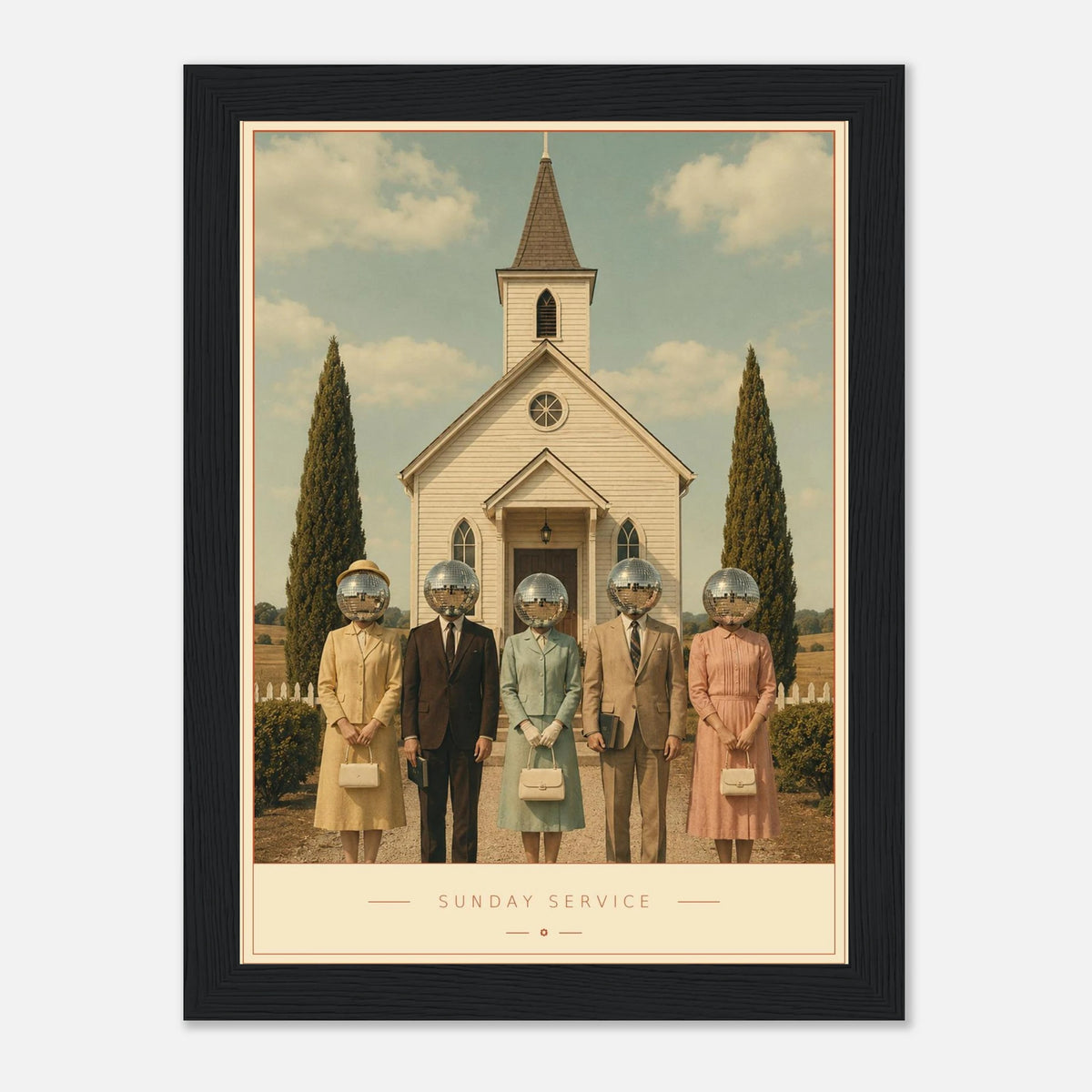 Sunday Service — mirrorball figures outside a white chapel, retro disco art print by WallDrip
