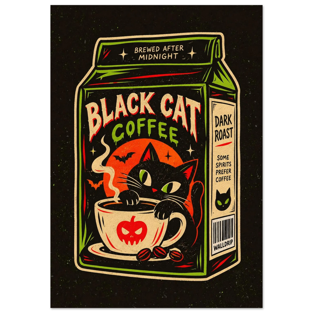 Black Cat Coffee — retro Halloween poster by WallDrip