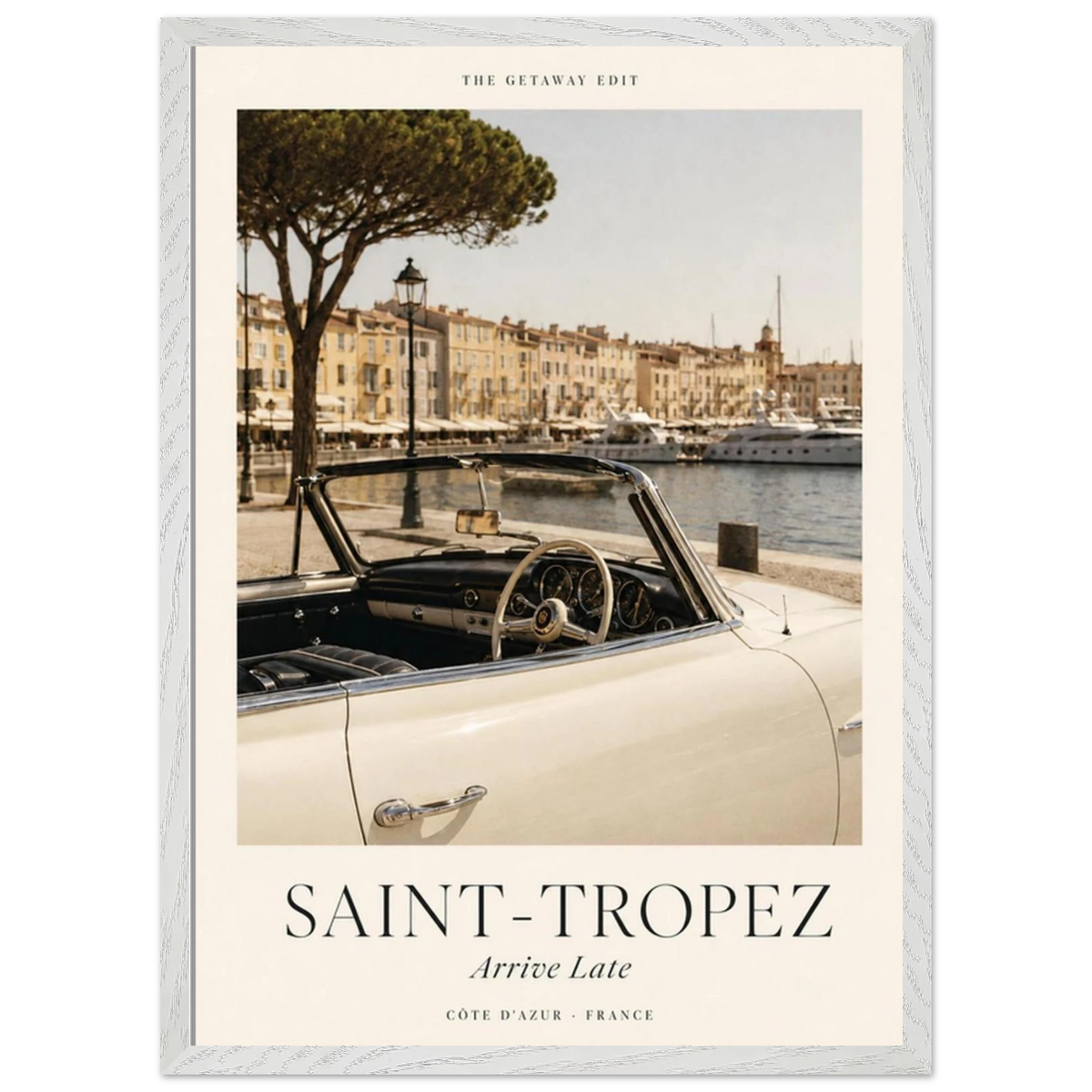 Saint-Tropez, Arrive Late — vintage convertible at the harbour, Riviera travel art print by WallDrip