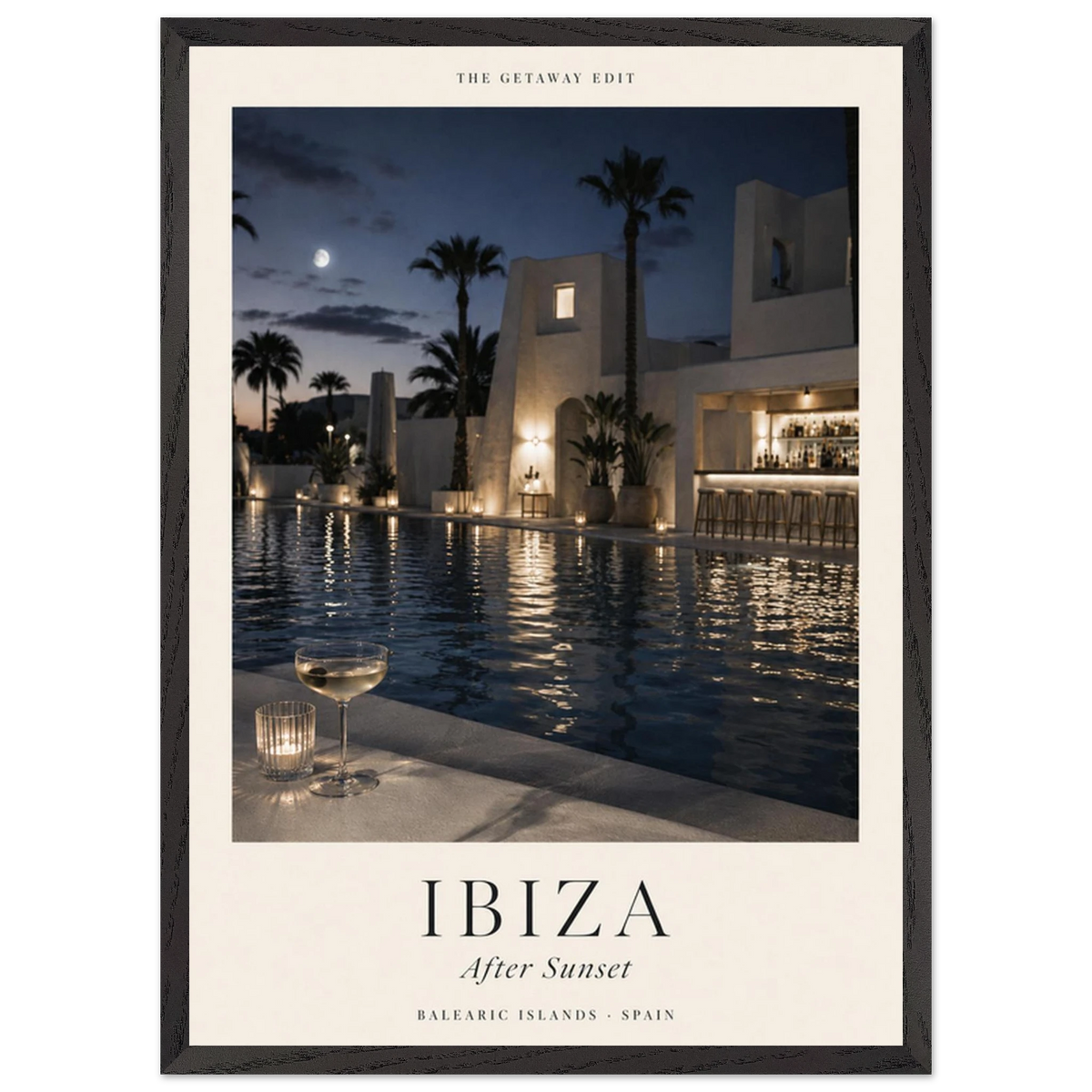 Ibiza, After Sunset — moonlit pool and palms, calm travel art print by WallDrip