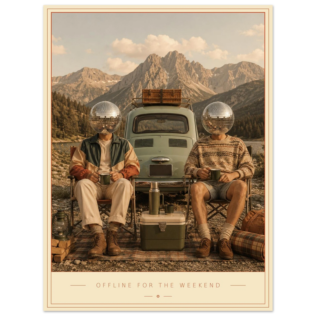 Offline For The Weekend — disco heads and a vintage wagon by the mountains, retro art print by WallDrip