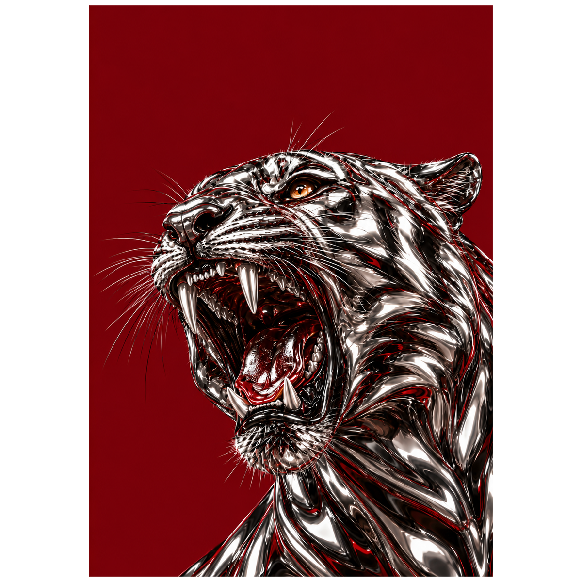 Burning Bright — chrome tiger poster on burgundy by WallDrip