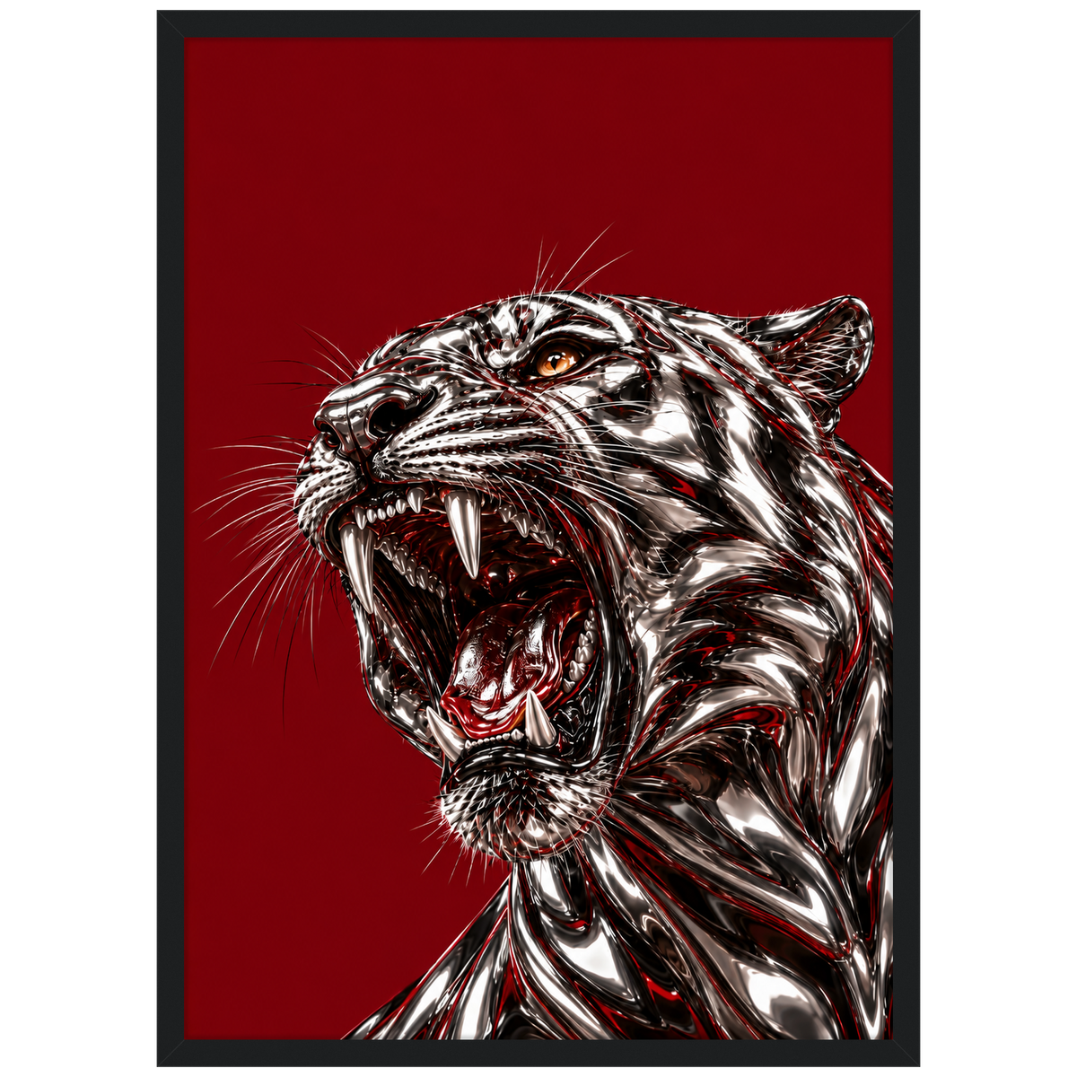 Burning Bright — chrome tiger poster on burgundy in a black frame by WallDrip