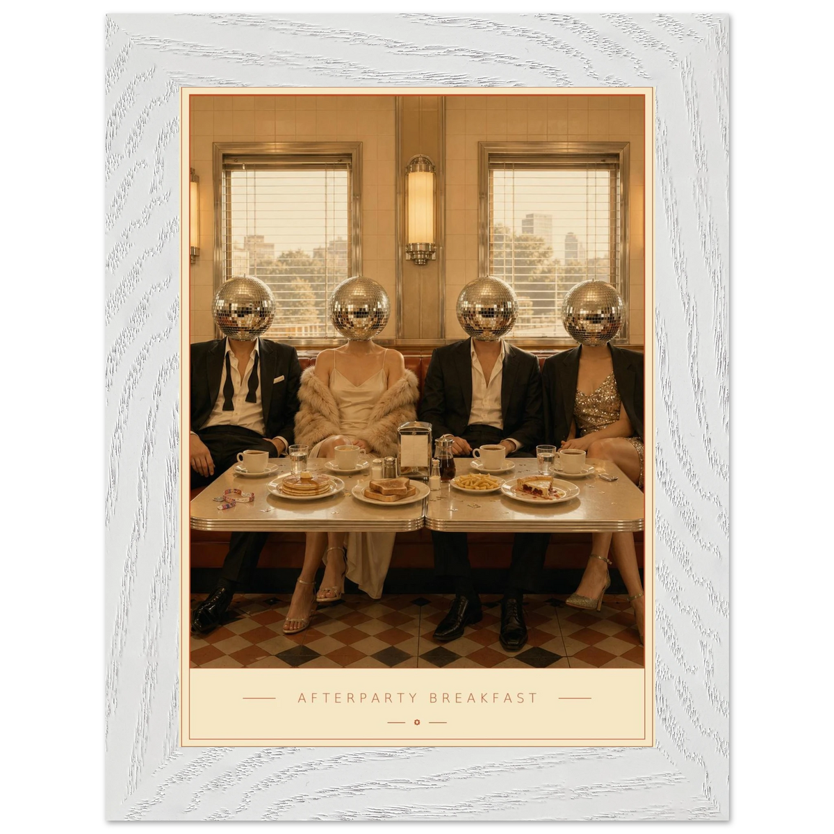 Afterparty Breakfast — mirrorball heads in a chrome diner booth, retro disco art print by WallDrip