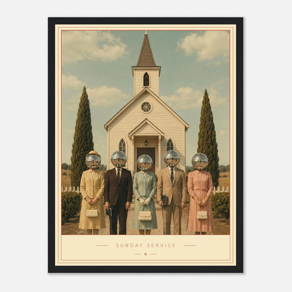 Sunday Service — mirrorball figures outside a white chapel, retro disco art print by WallDrip