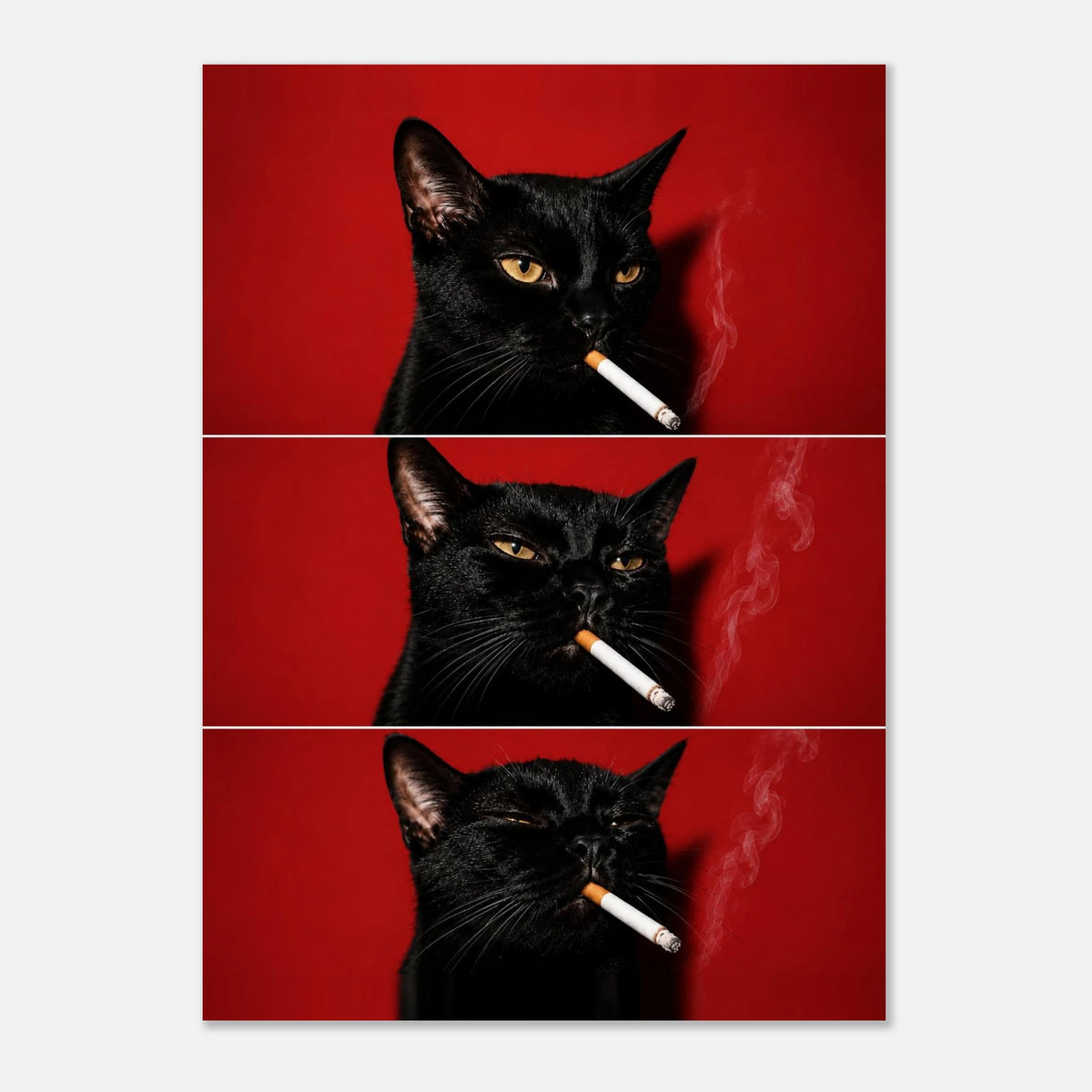 Nine Lives Later — quirky black cat art print on a red background, WallDrip wall art poster