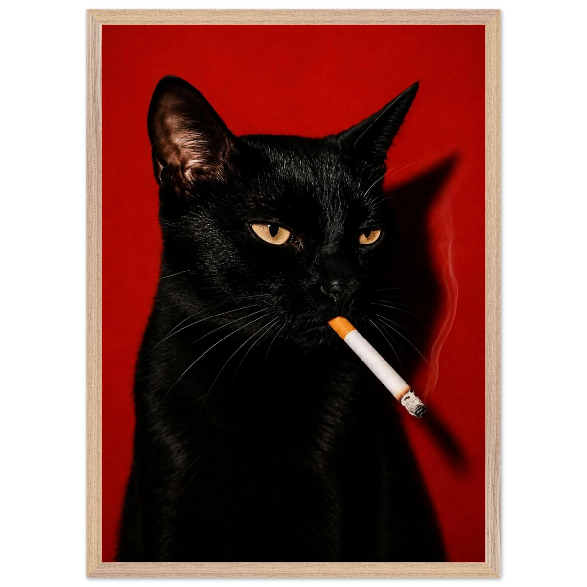 Bad Influence — black cat with a crimson-lit stare, dark aesthetic WallDrip cat art print