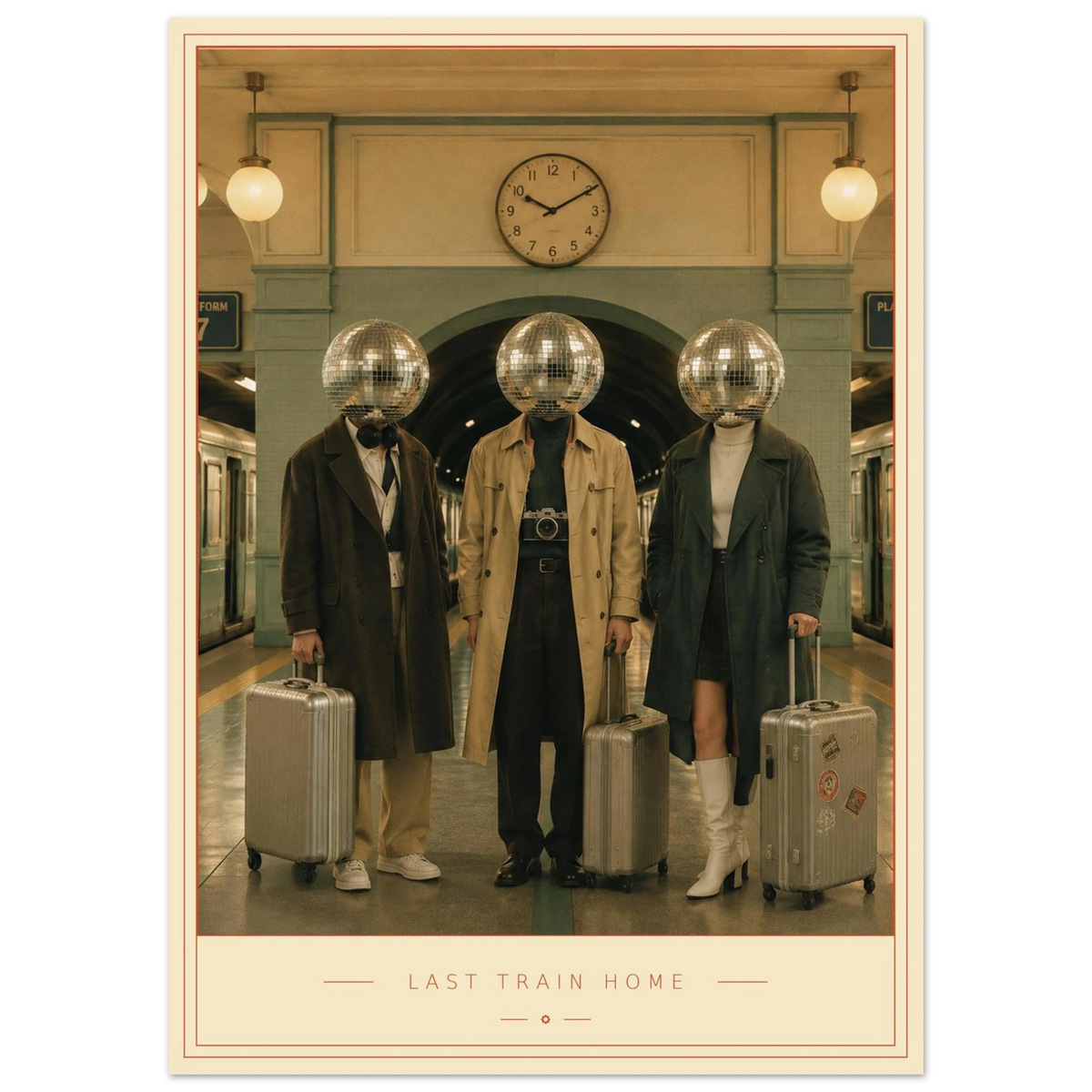 Last Train Home — mirrorball travellers on a lamp-lit platform, retro disco art print by WallDrip