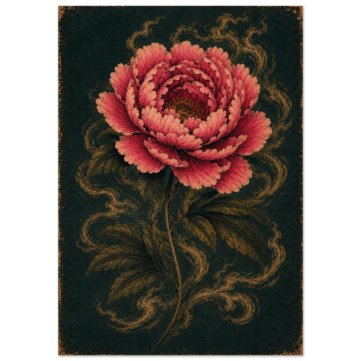 Feral Bloom — crimson peony on a dark ground, bold floral art print by WallDrip