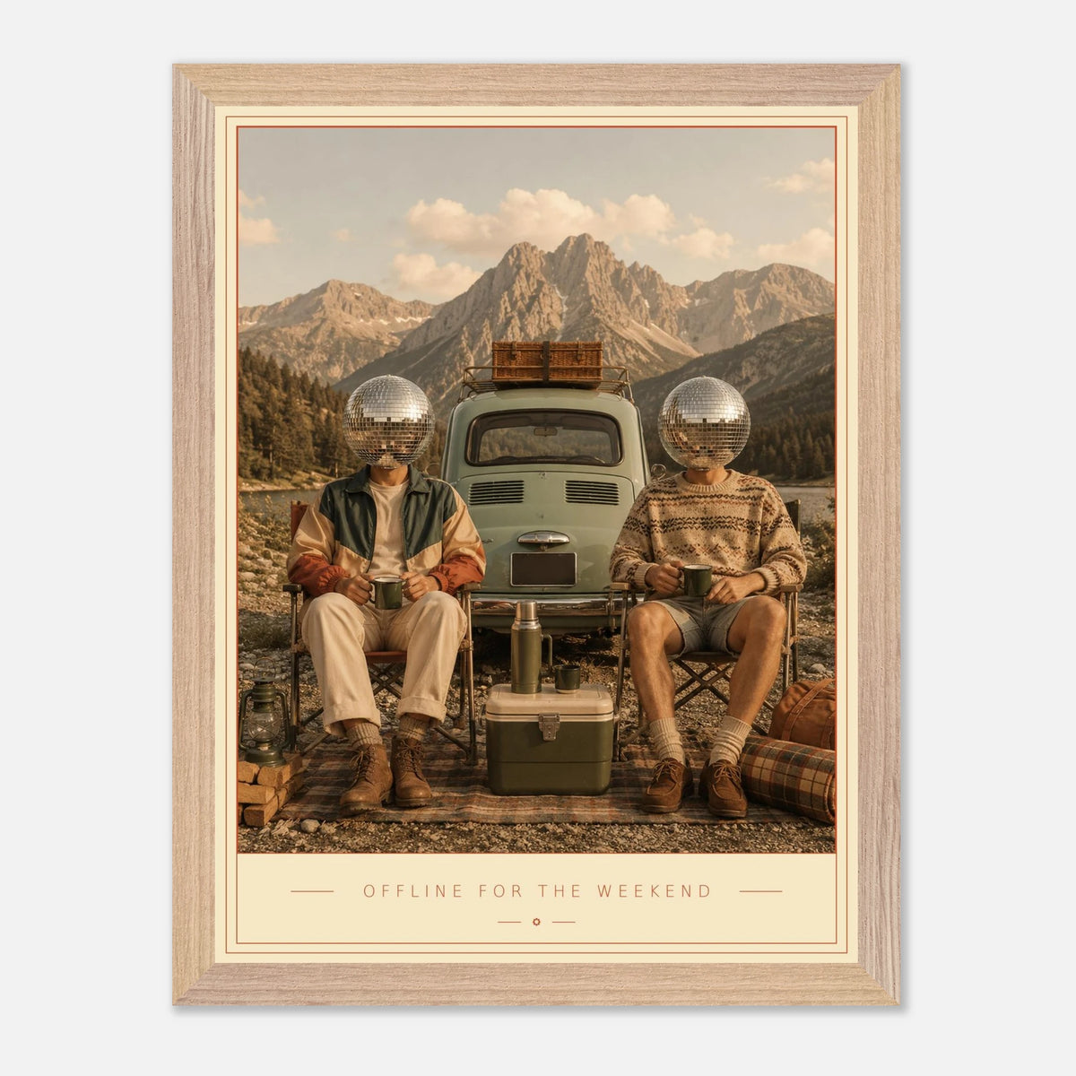 Offline For The Weekend — disco heads and a vintage wagon by the mountains, retro art print by WallDrip