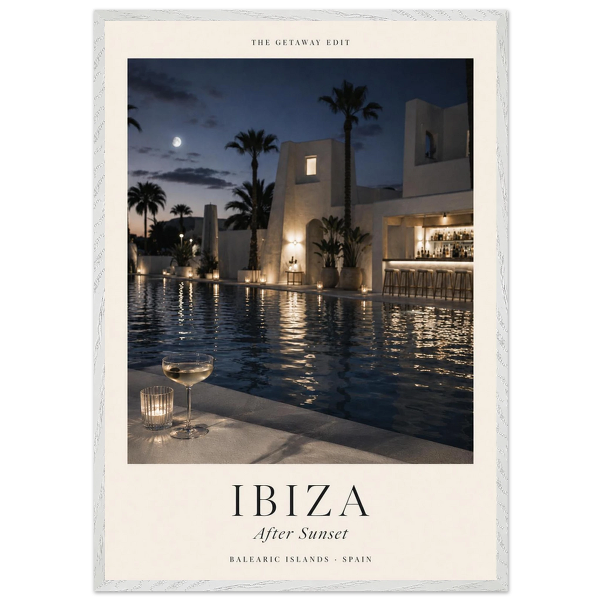 Ibiza, After Sunset — moonlit pool and palms, calm travel art print by WallDrip