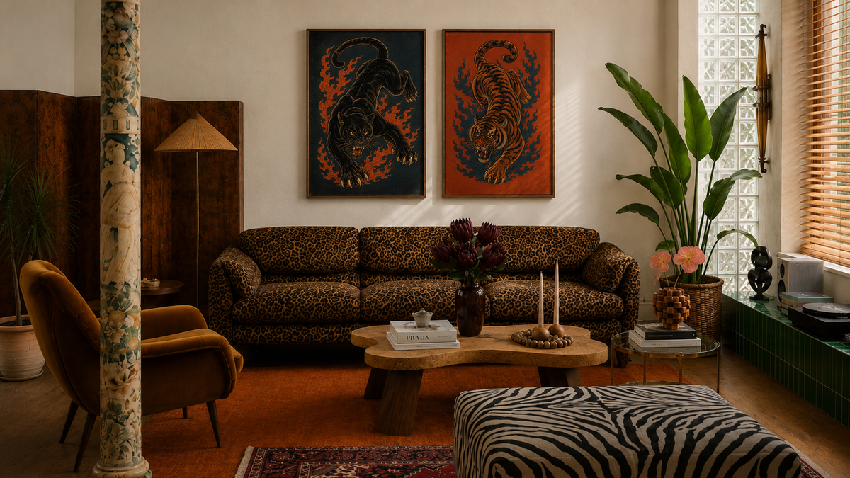 Inferno Panther — black panther through red flame, bold animal art print by WallDrip