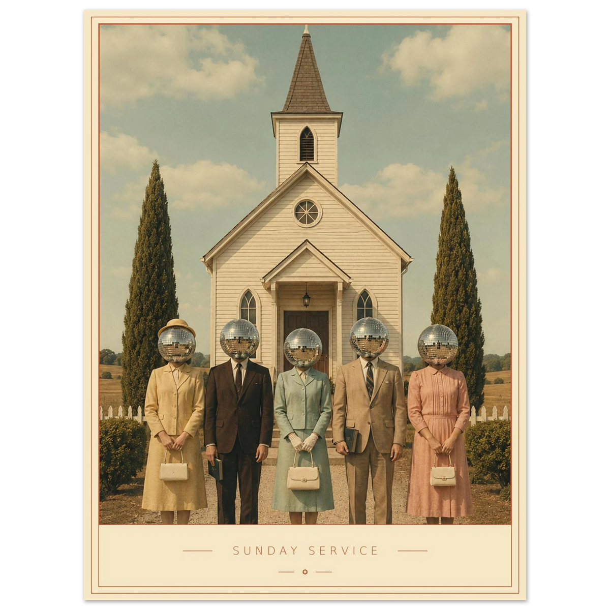 Sunday Service — mirrorball figures outside a white chapel, retro disco art print by WallDrip