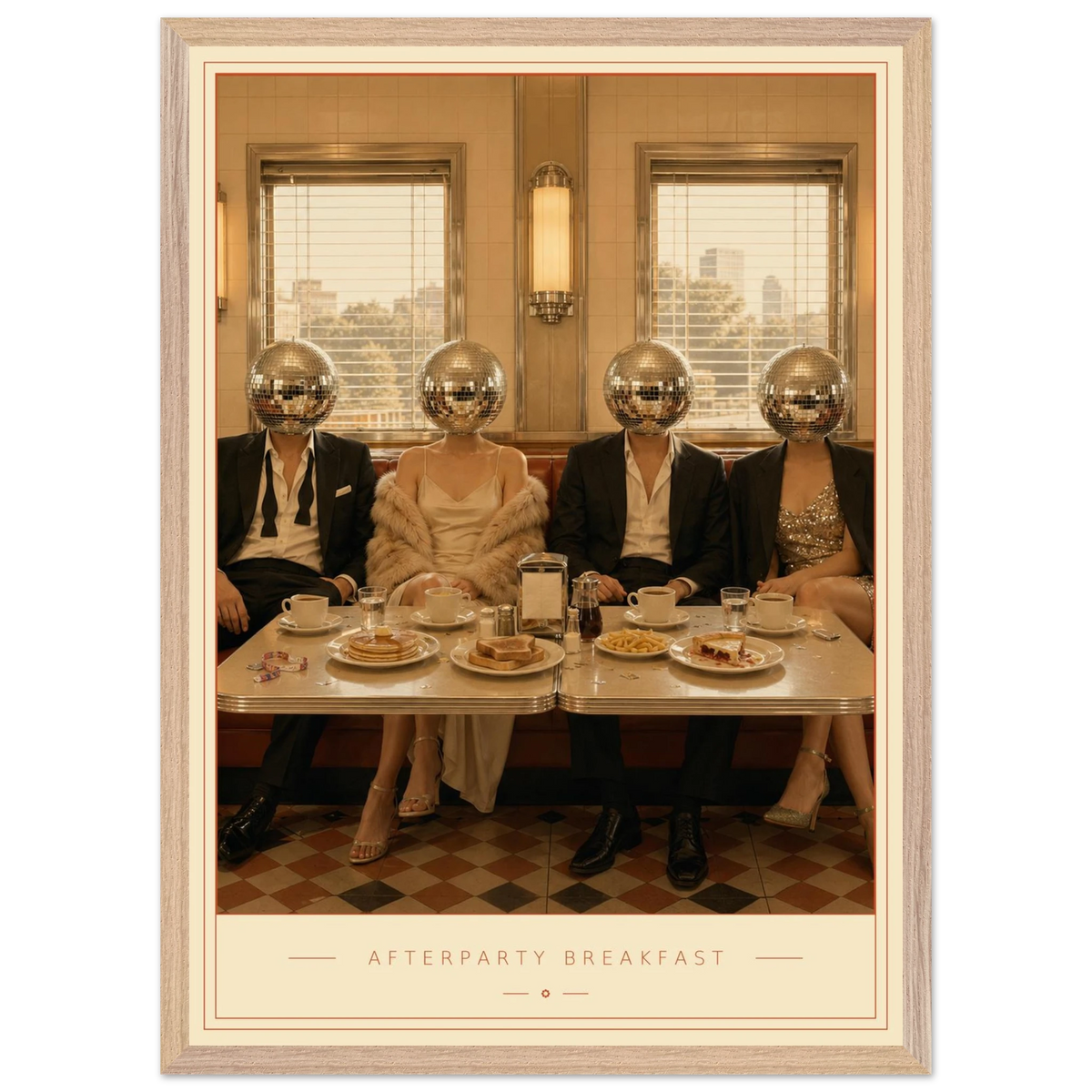 Afterparty Breakfast — mirrorball heads in a chrome diner booth, retro disco art print by WallDrip