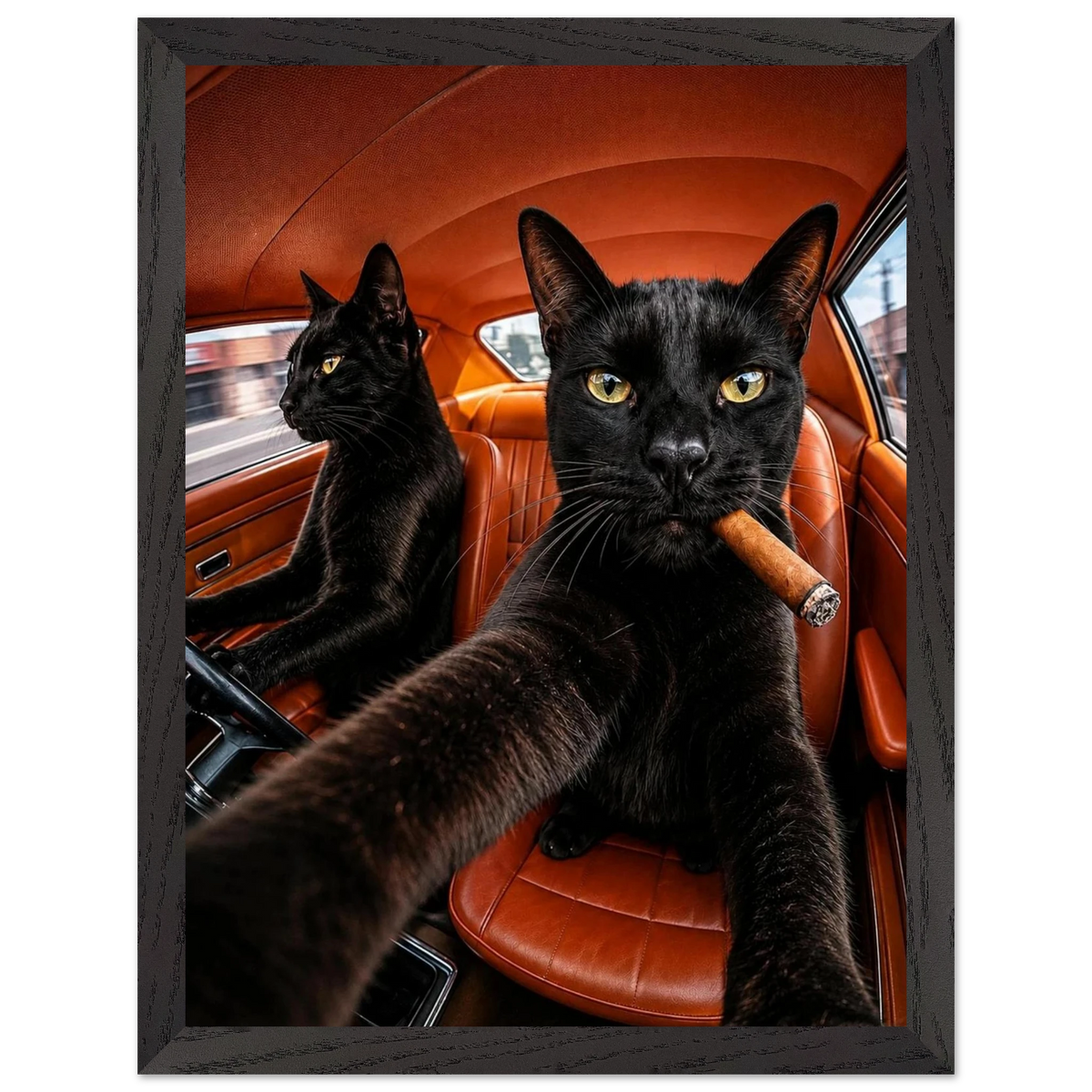 Ride or Pride — two black cats in a vintage car, bold WallDrip cat art print poster