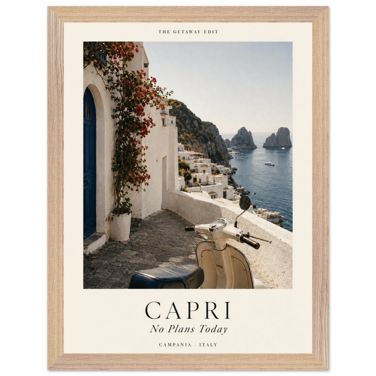 Capri, No Plans Today — sun-washed coast with a scooter and blue sea, Italian travel art print by WallDrip