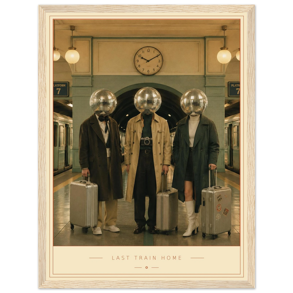Last Train Home — mirrorball travellers on a lamp-lit platform, retro disco art print by WallDrip