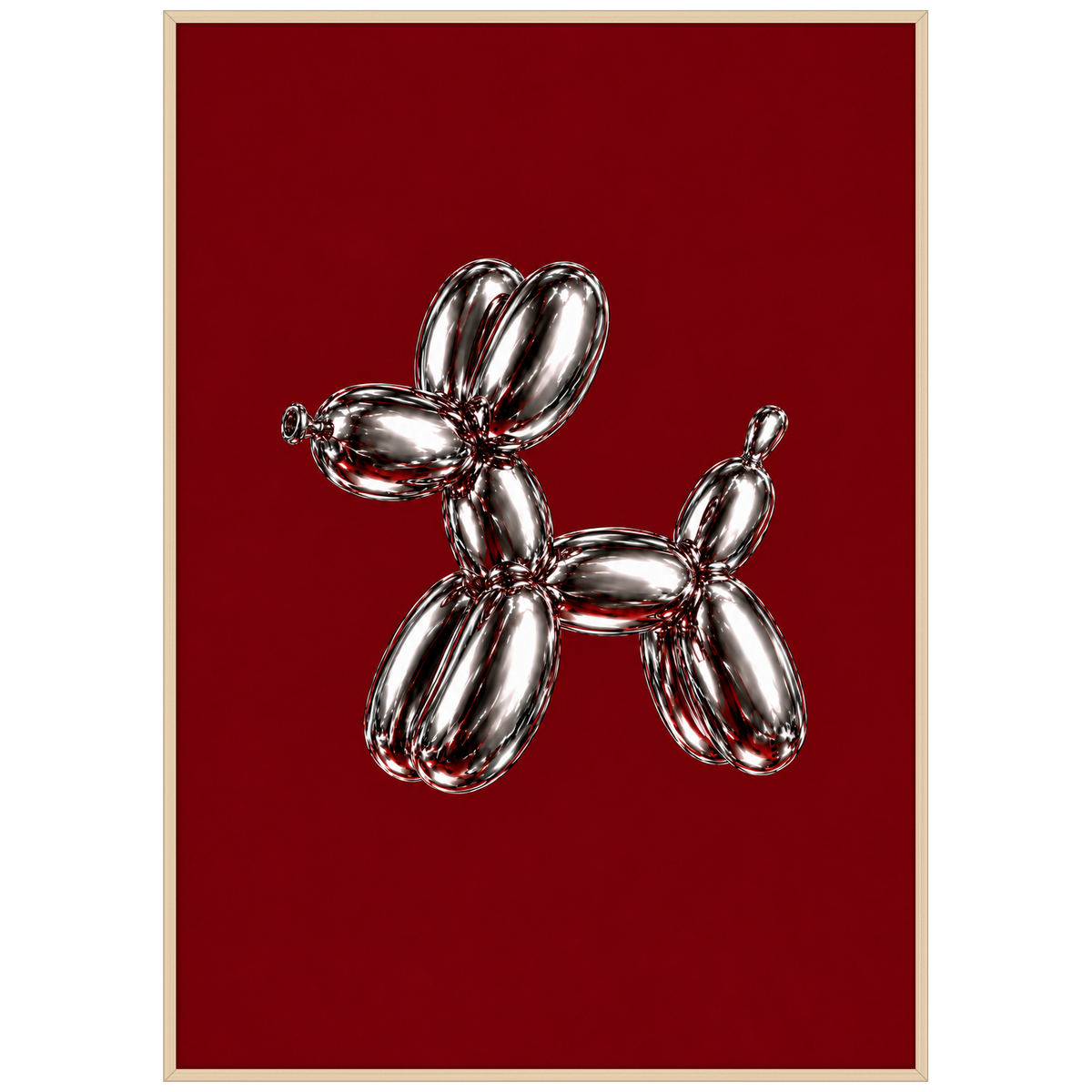 Full of Hot Air — chrome balloon dog poster on burgundy in a wood frame by WallDrip