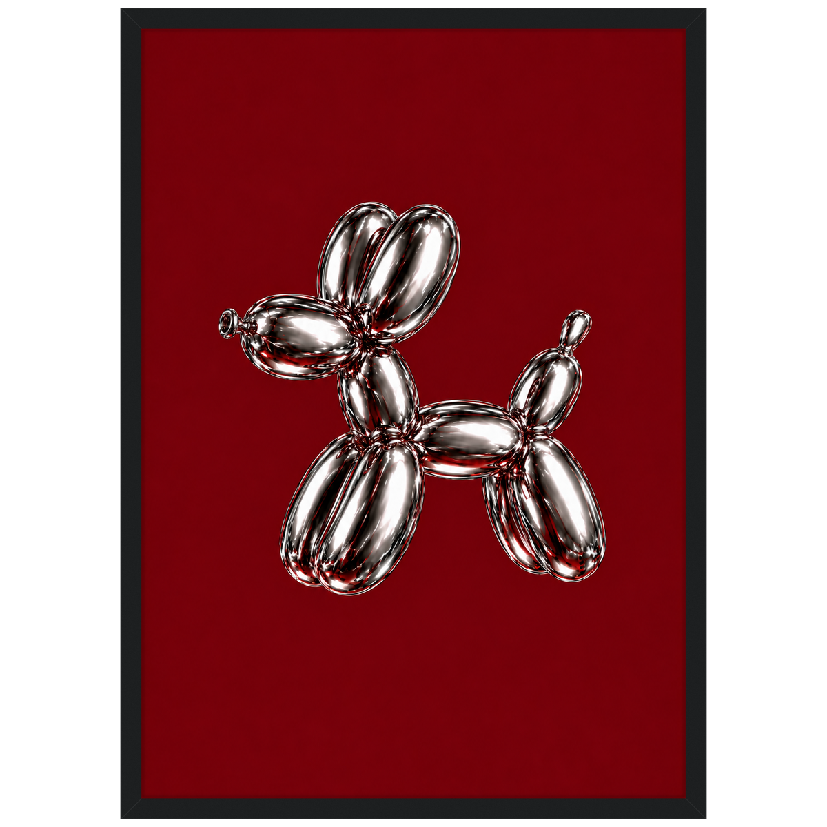 Full of Hot Air — chrome balloon dog poster on burgundy in a black frame by WallDrip