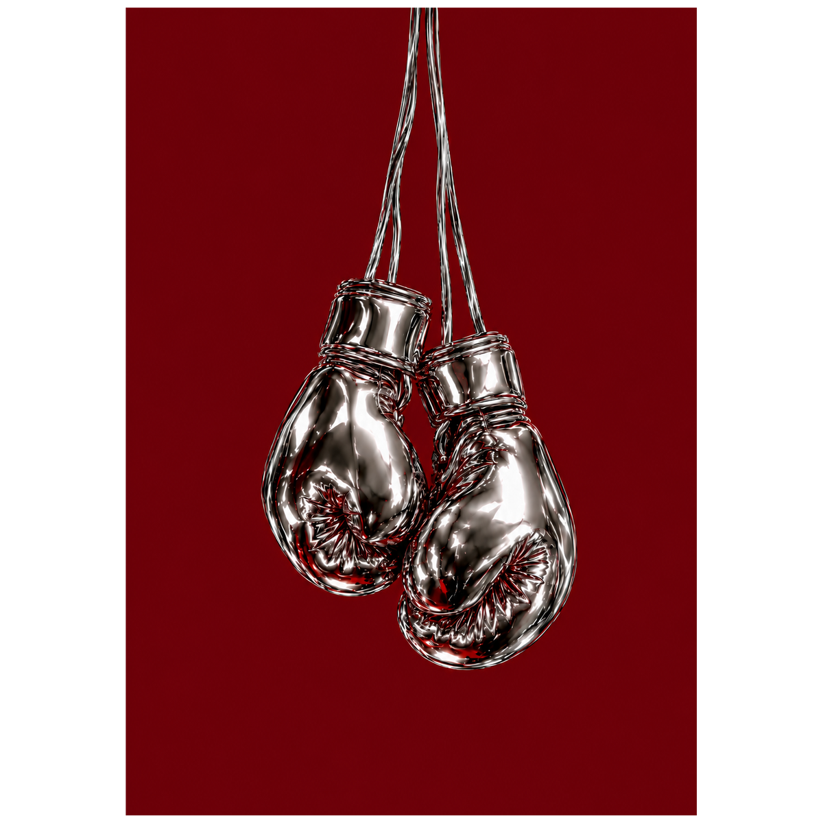 Gloves Off — chrome boxing gloves poster on burgundy by WallDrip