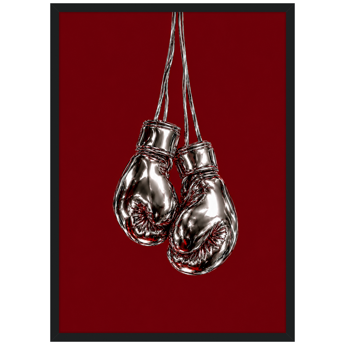 Gloves Off — chrome boxing gloves poster on burgundy in a black frame by WallDrip