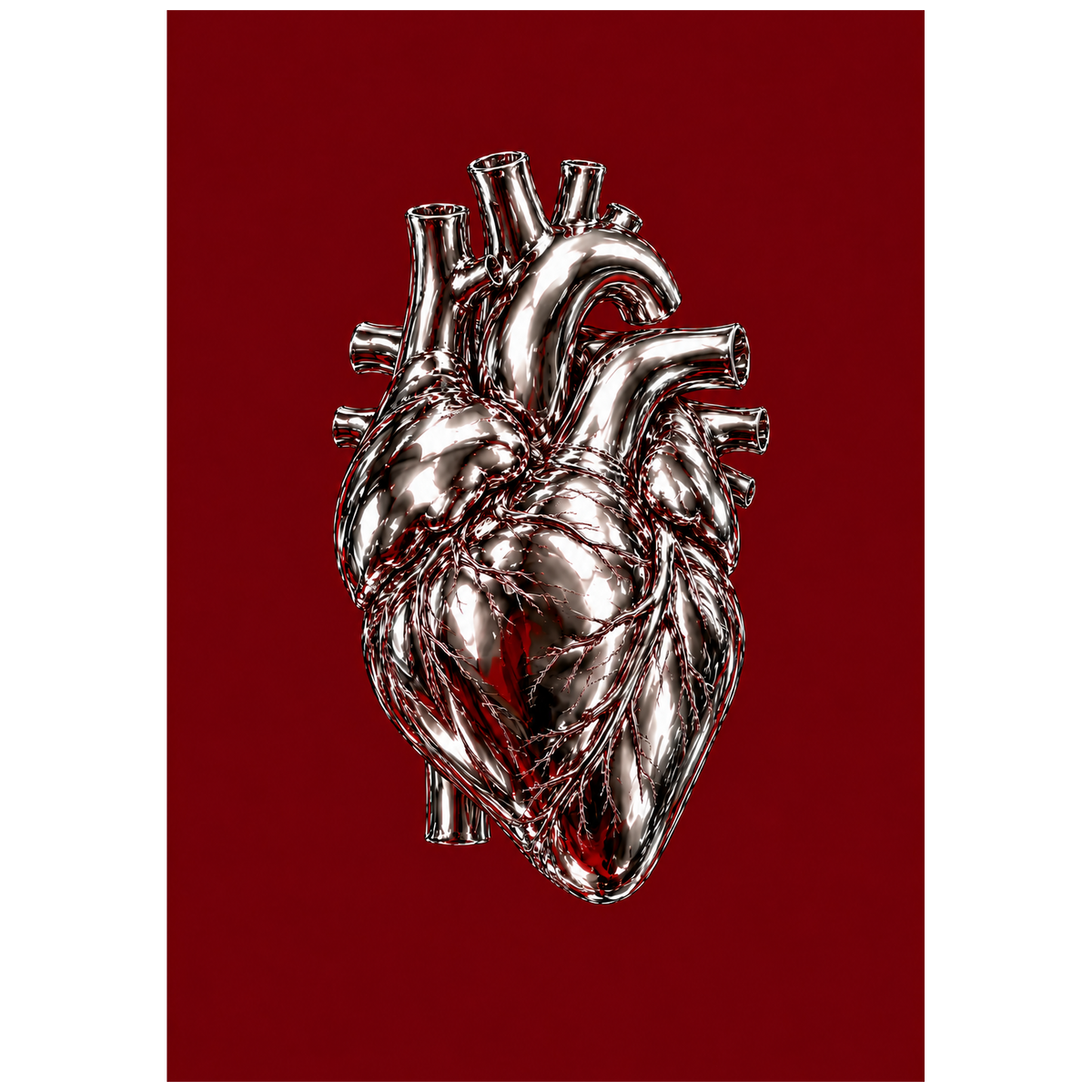 Heart of Steel — chrome anatomical heart poster on burgundy by WallDrip
