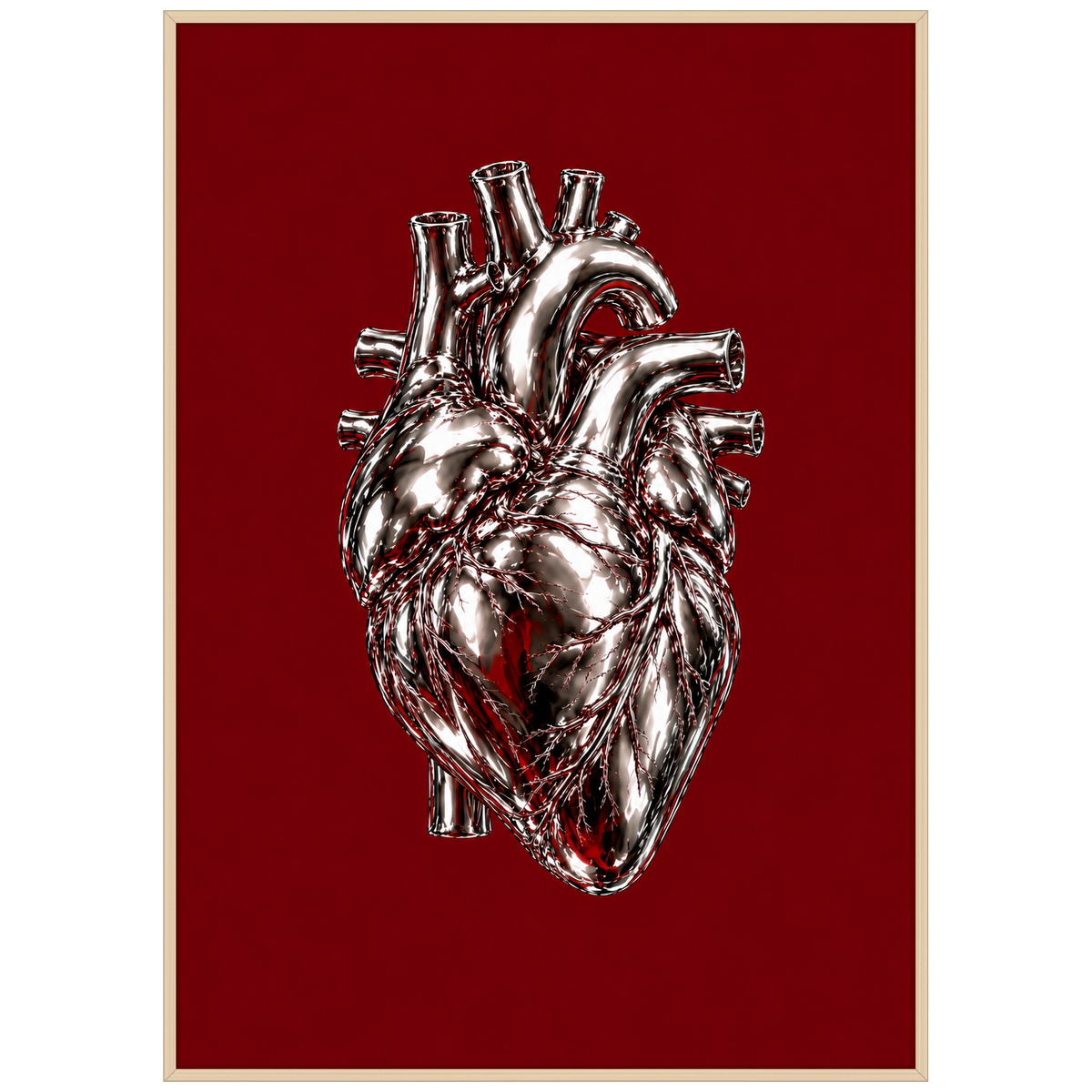 Heart of Steel — chrome anatomical heart poster on burgundy in a wood frame by WallDrip